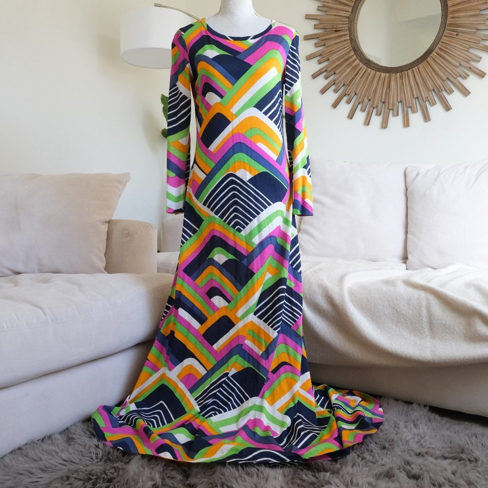 Vintage Sarff Zumpano Saks Fifth Ave Psychedelic Maxi Neon Geometric Flowy Dress